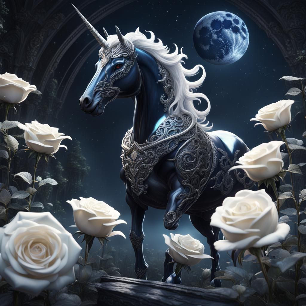 Obsidian Unicorn with (starlight filigree) white roses