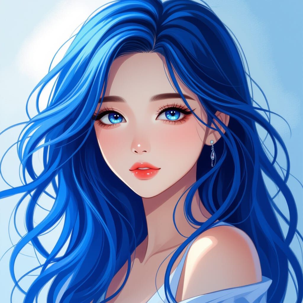 Anime Style Asian Woman with Blue Hair and Mesmerizing Eyes