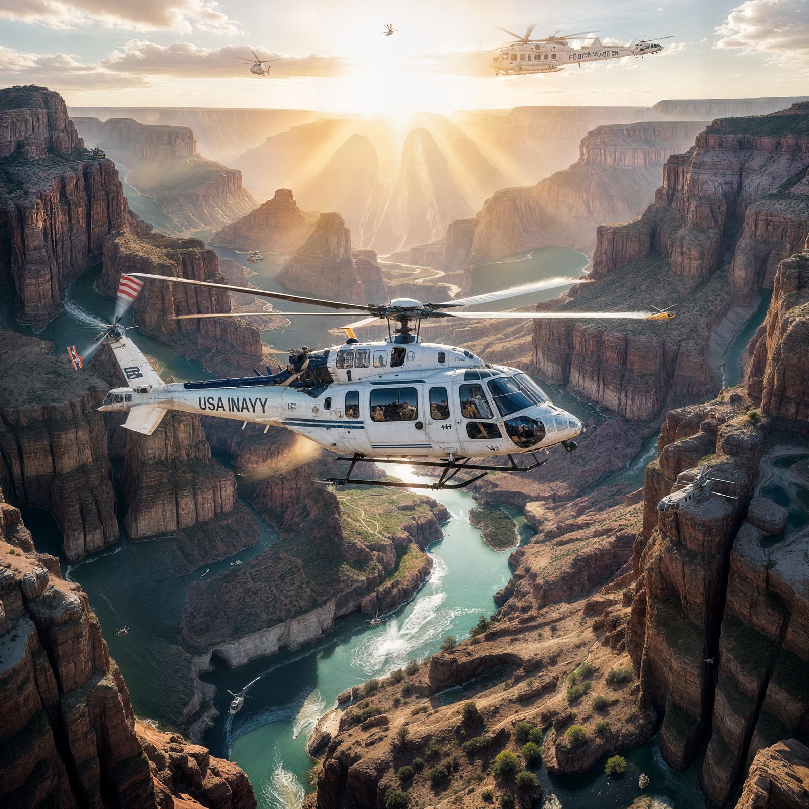 White Navy Sea Stallion Helicopter Flying Over Canyon