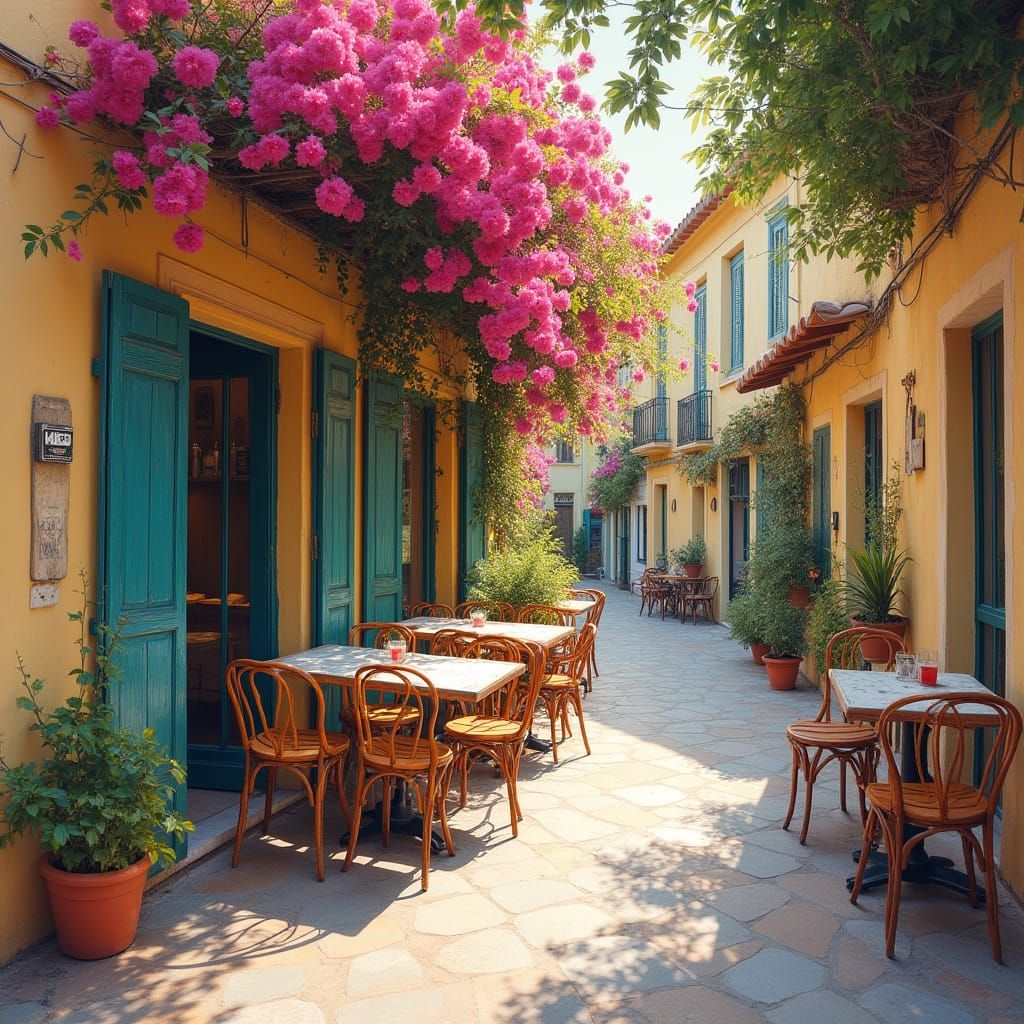 Mediterranean Cafe with Bougainvillea in Impressionist Style