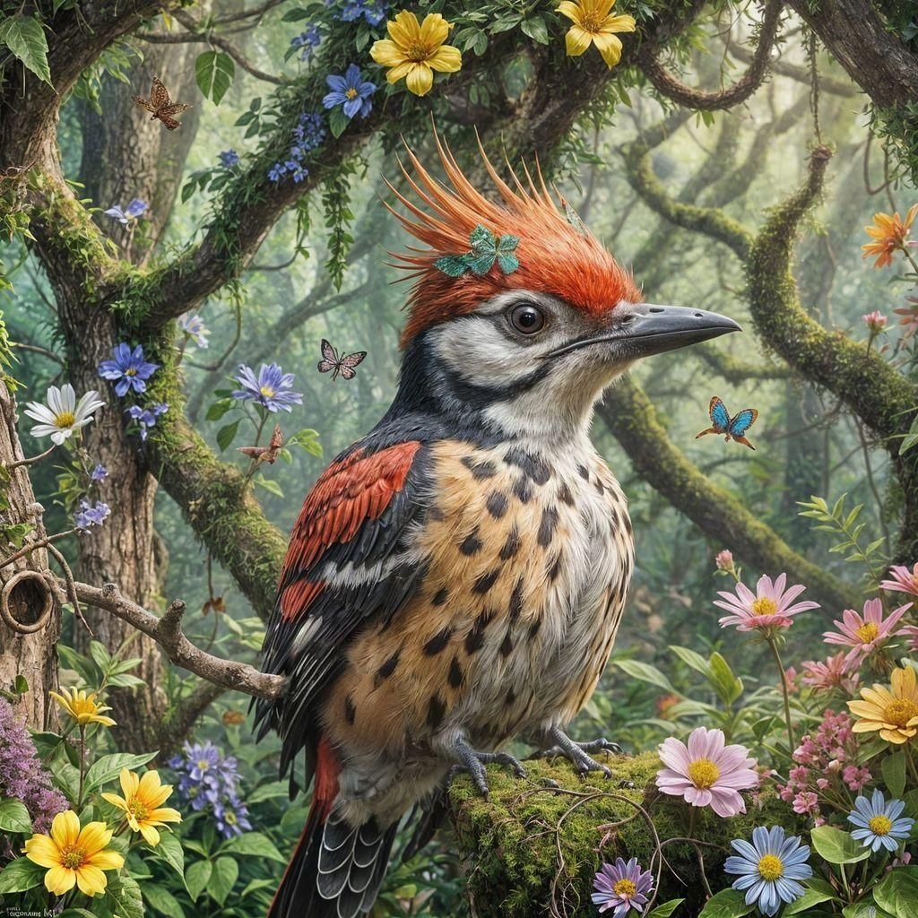 Happy Woodpecker Portrait in Detailed Natural Style