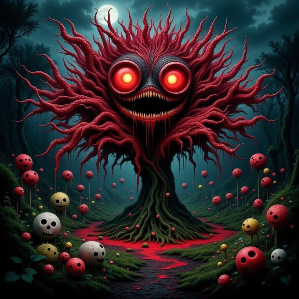 Surreal Garden with Skull Flowers and Ghost Tree