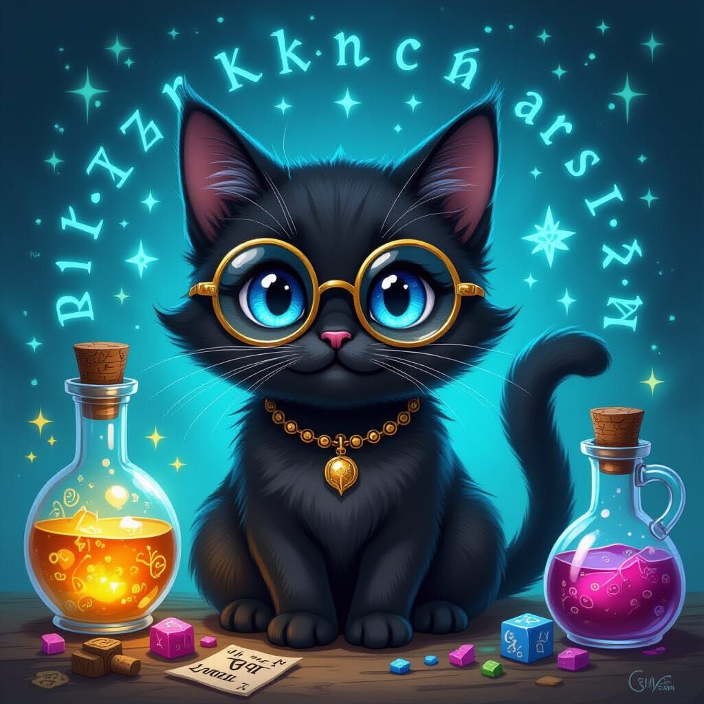 Whimsical Black Cat Alchemist with Runes