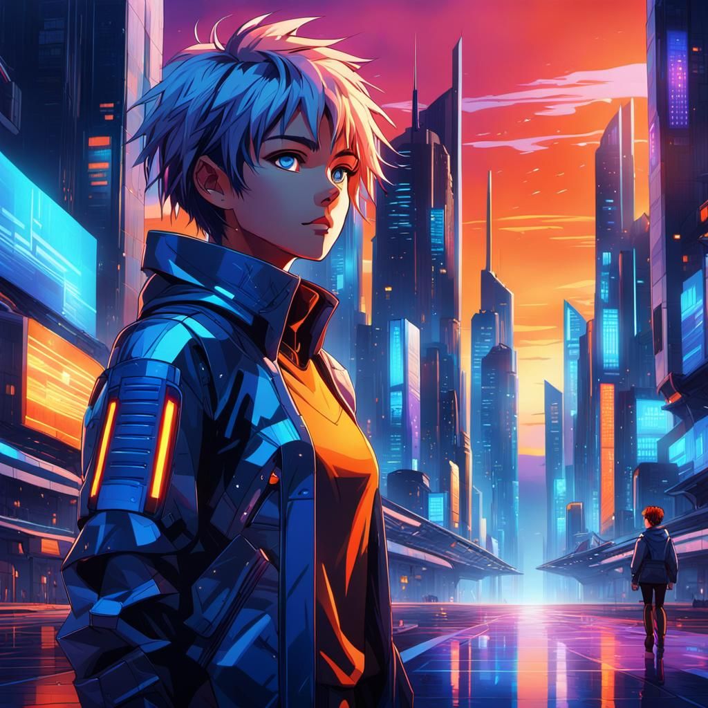 Anime Heroine in a Cyberpunk Cityscape