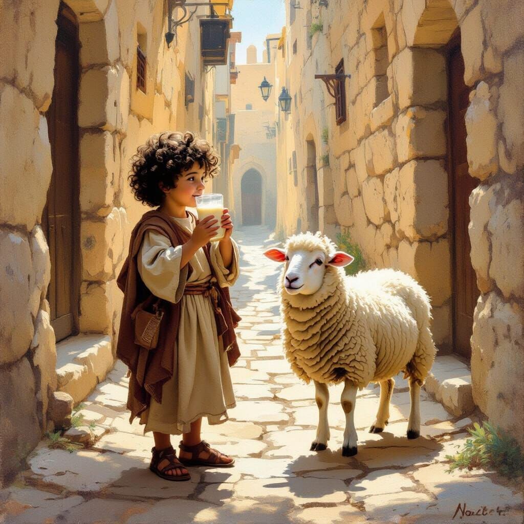 Jewish Boy Drinks Sheep's Milk in Ancient Jerusalem