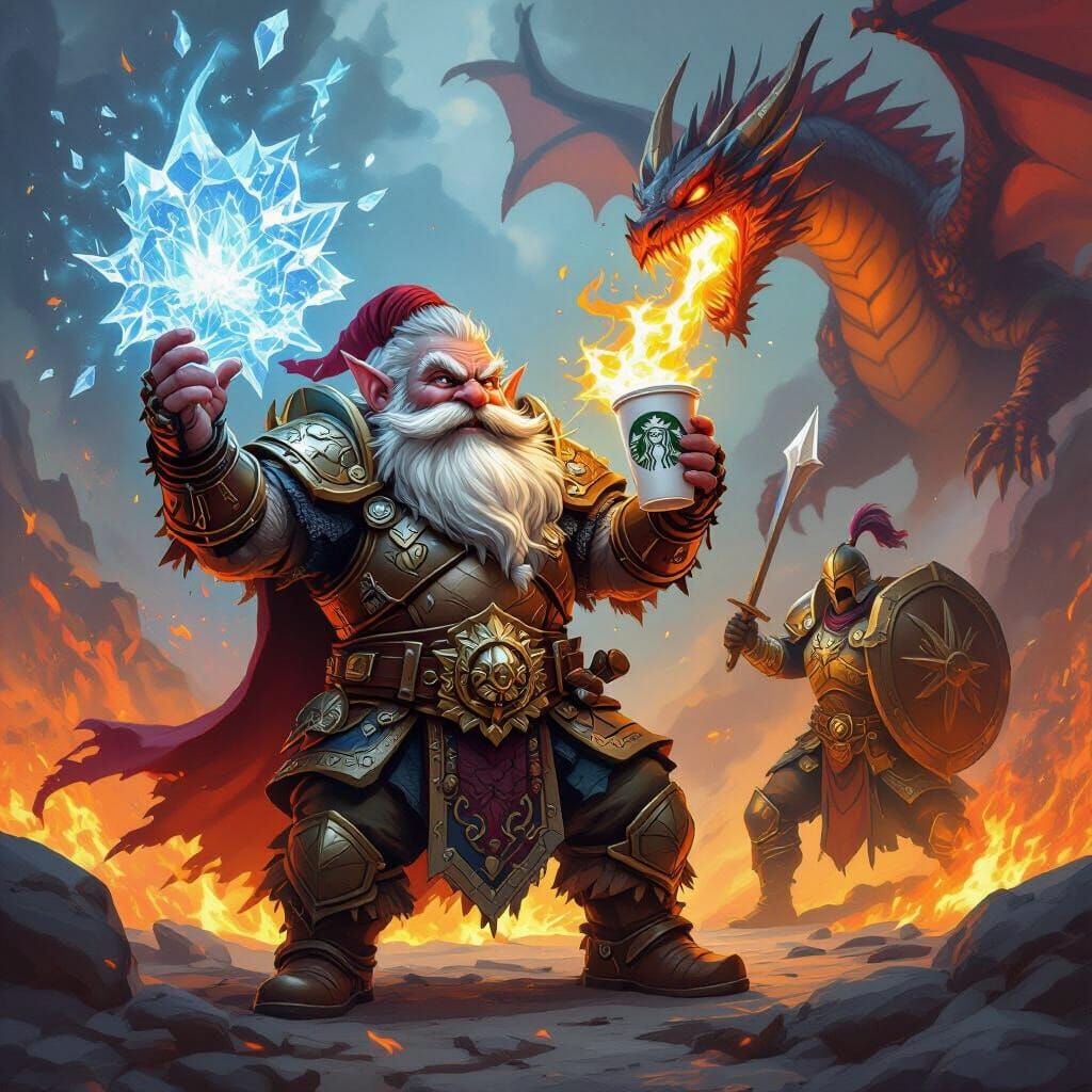 Dwarf Warrior Fights Dragon with Ice Magic