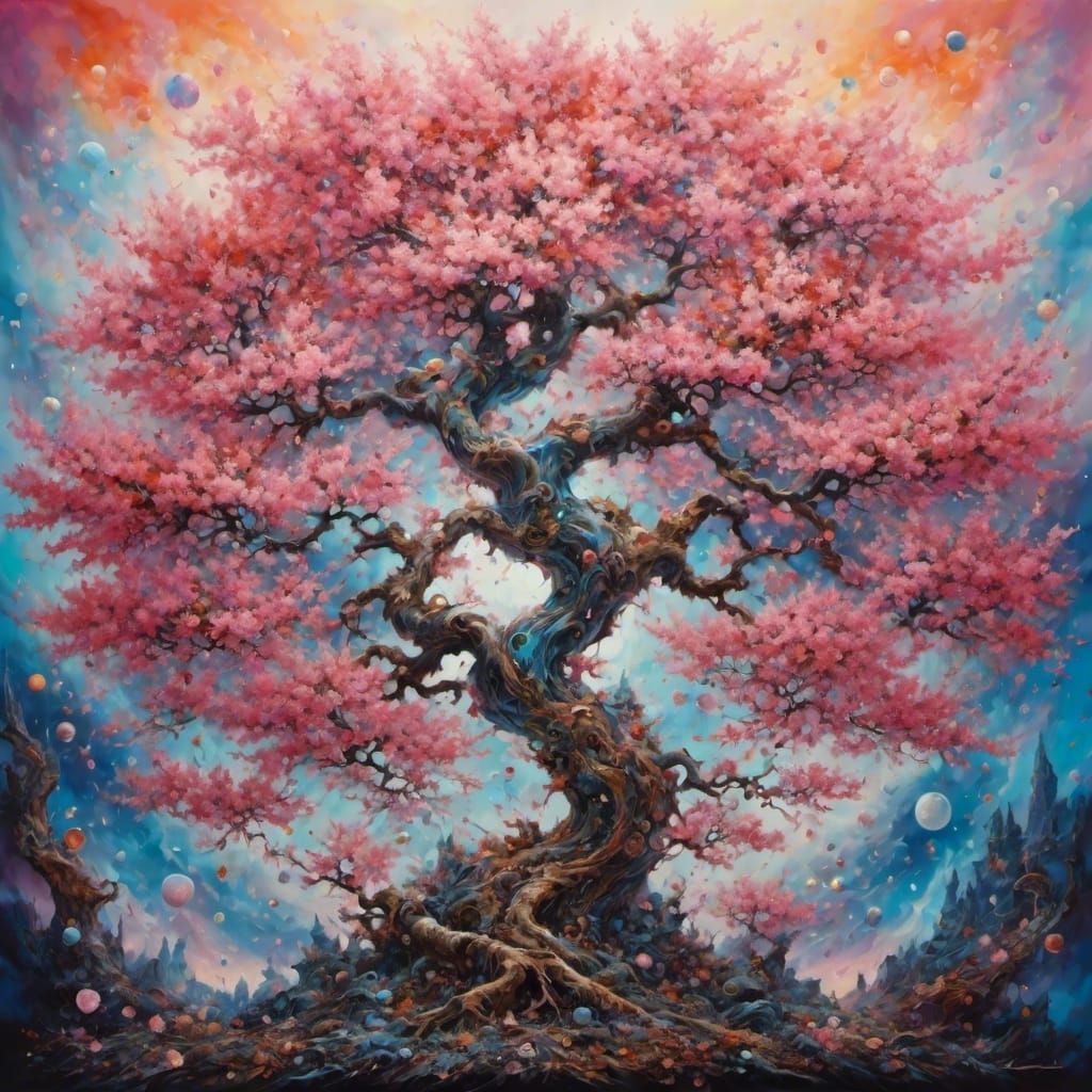 Cosmic Psychedelic Sakura Tree in Surreal Style