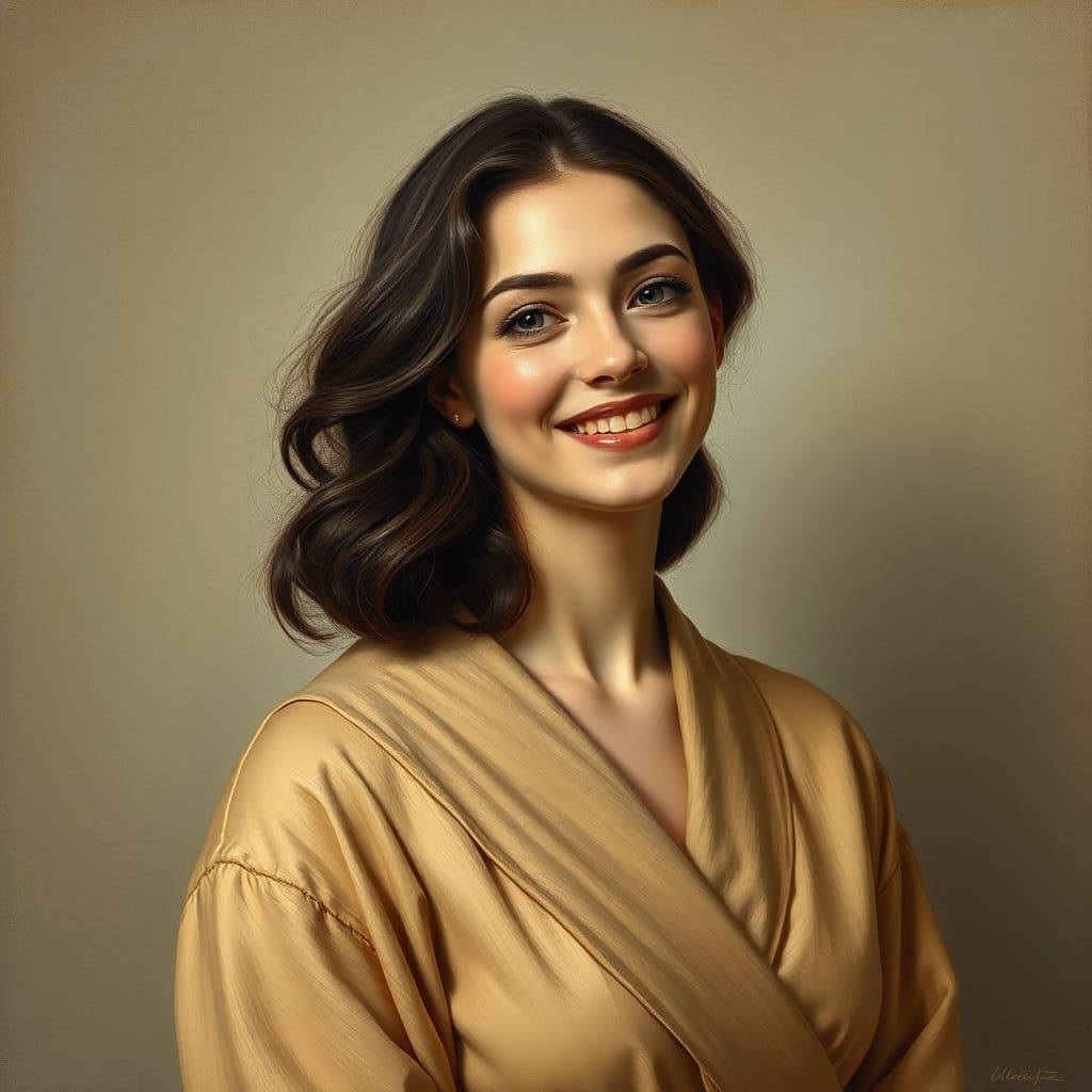 Portrait of Smiling Brunette in Elegant Beige Dress