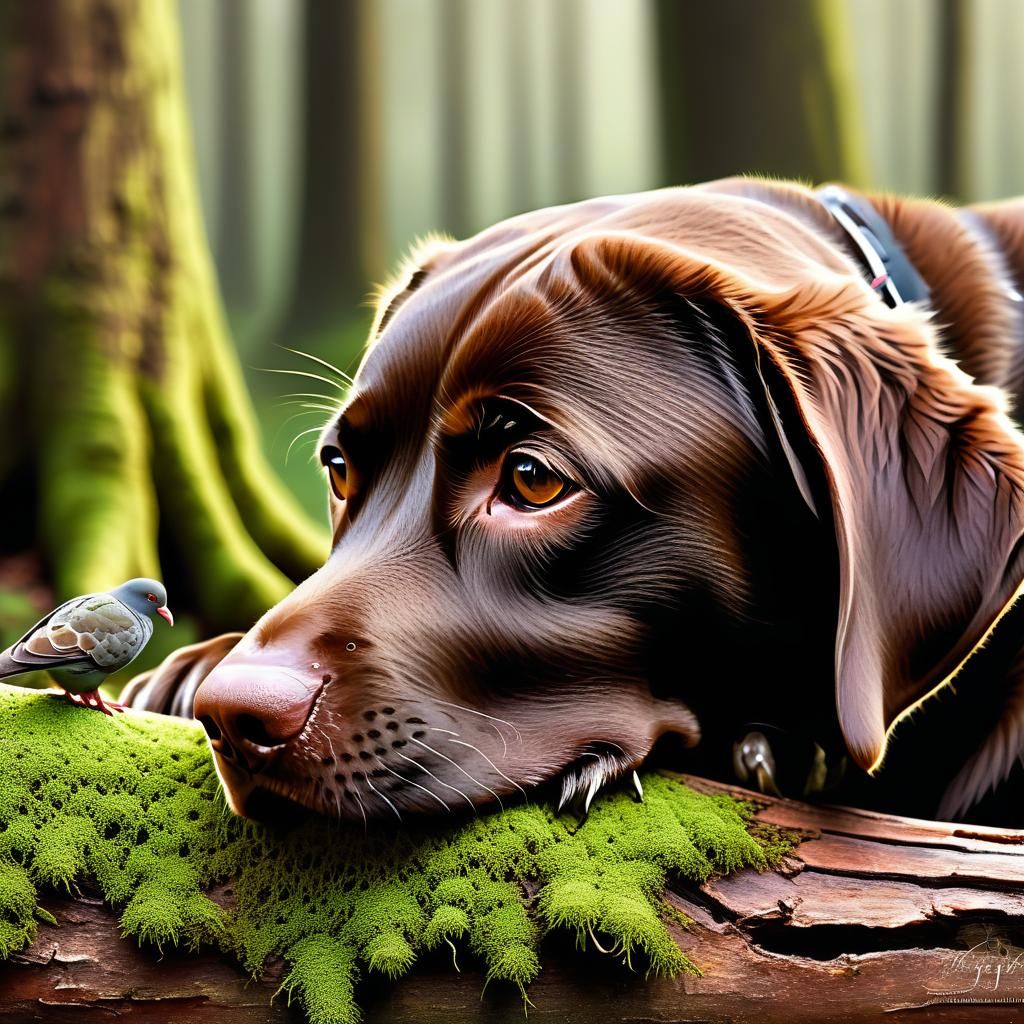 Labrador and Pigeon: A Whimsical Digital Painting
