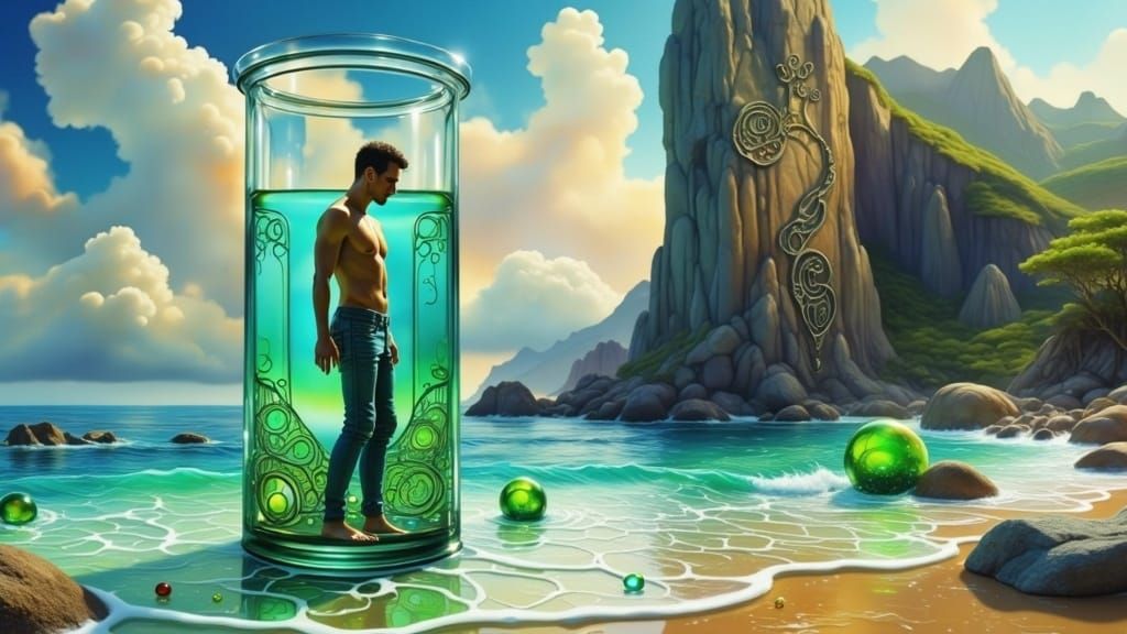 Man Lost in Dreamlike State, Surrounded by Ocean and Mysteri...