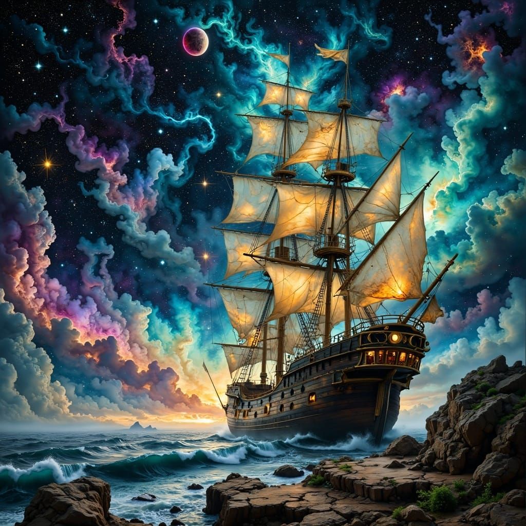 Ancient Ship Navigates Cosmic Nebula as Splash Art