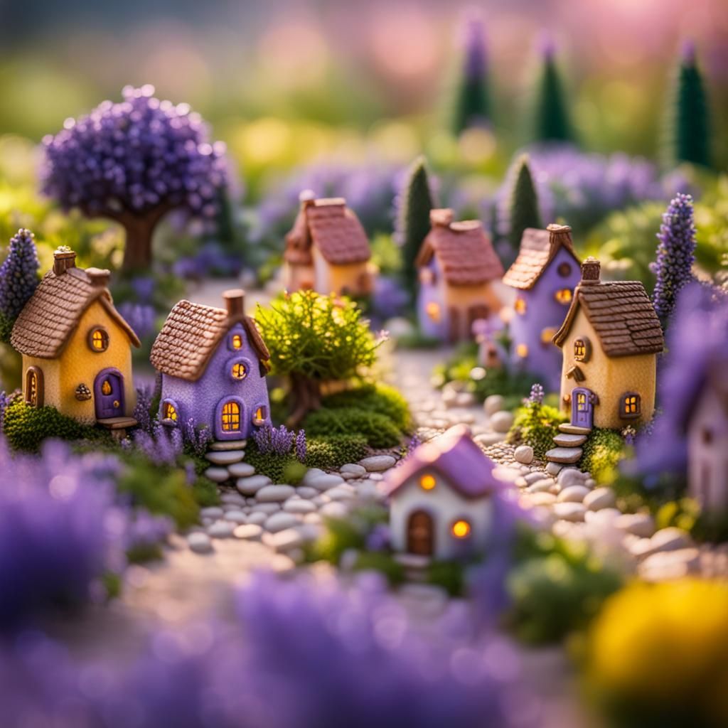 Hyperrealistic Fairy Village in Lavender Field