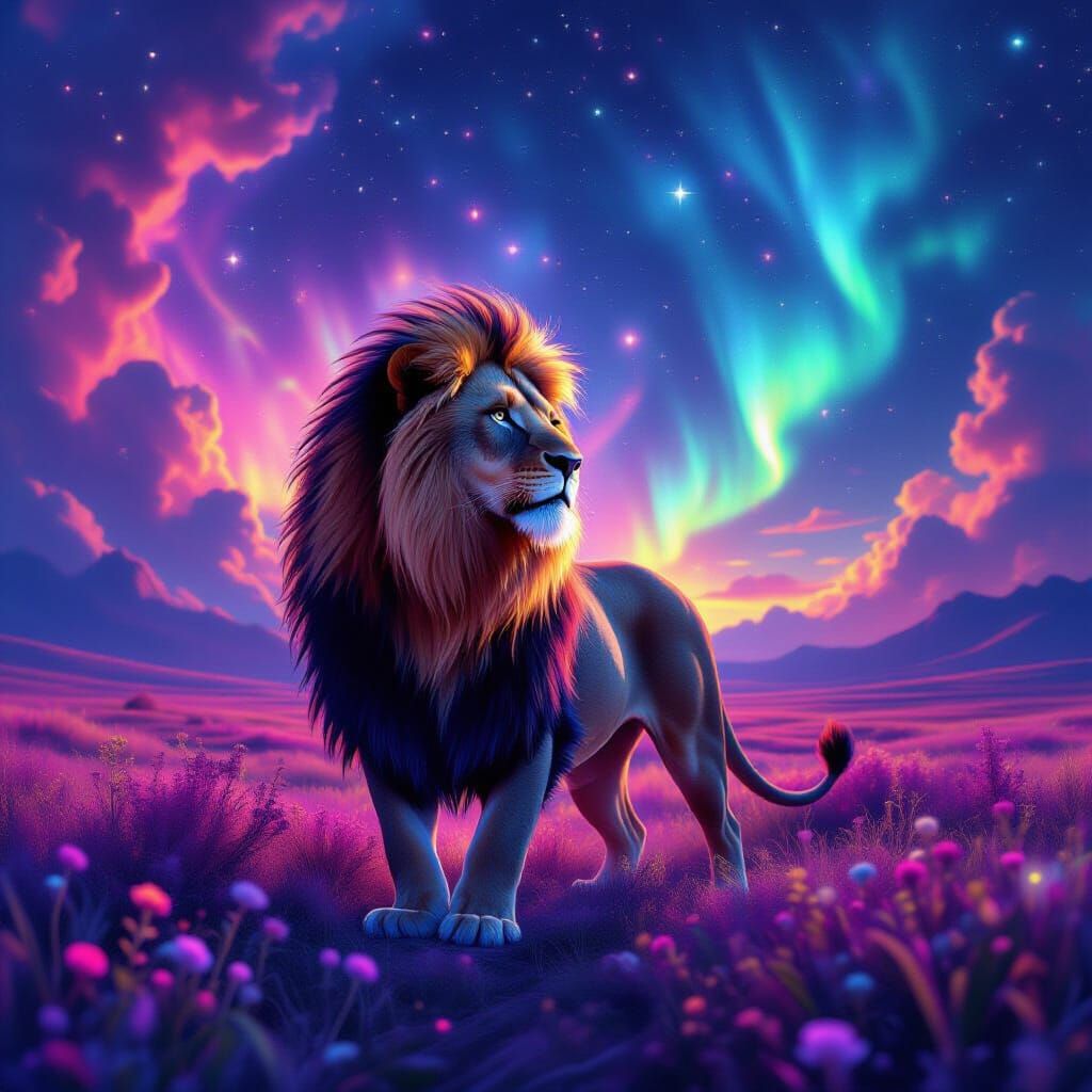 Majestic Lion in Psychedelic Cosmic Landscape