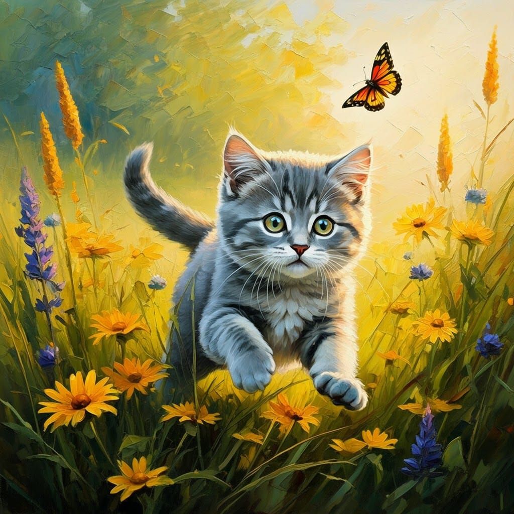 Playful Kitten in Prairie, Expressive Oil Painting