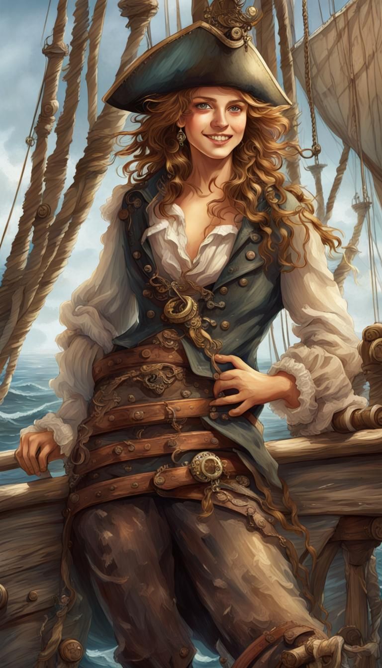 Adventurous Pirate Girl on Sailing Ship