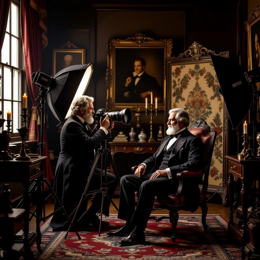 Victorian Photographer in an Ornate Studio, Oil Painting