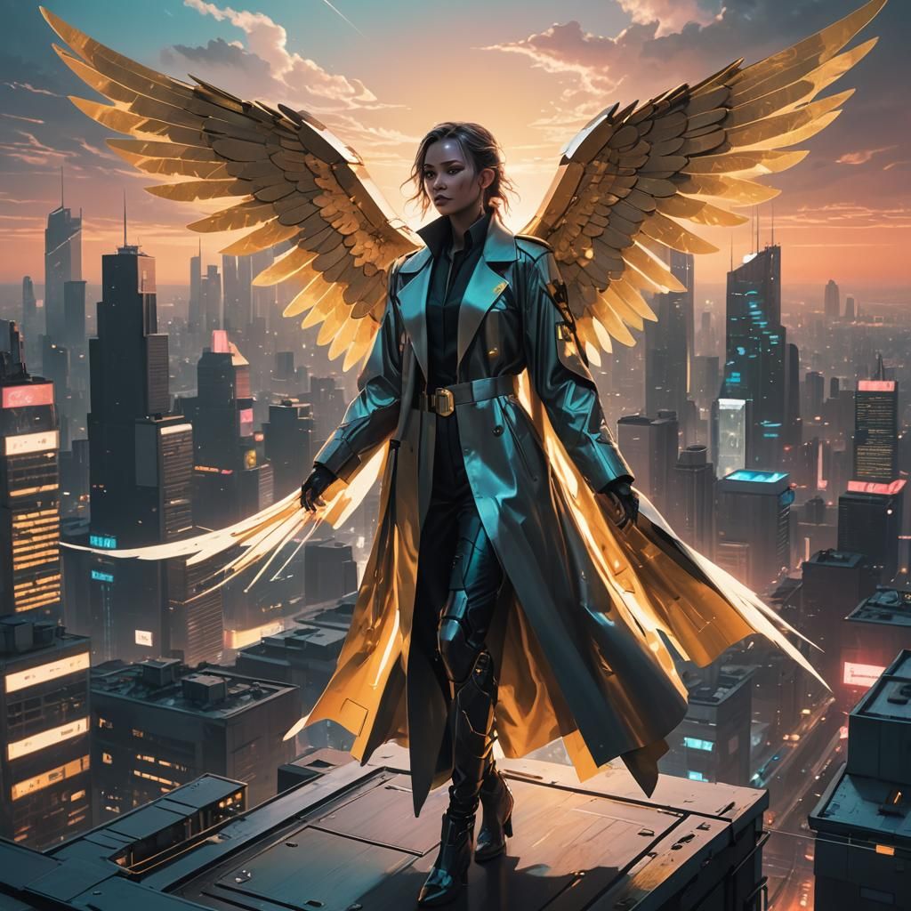 Cyberpunk Angel Overlooking Futuristic Cityscape