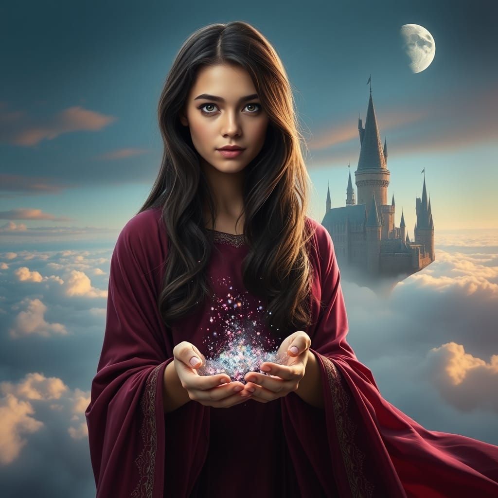 Enchanted Nighttime Scene with Hogwarts Castle and Young Wom...