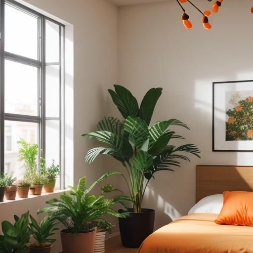 Light Orange Bedroom with Plants, Professional Photography