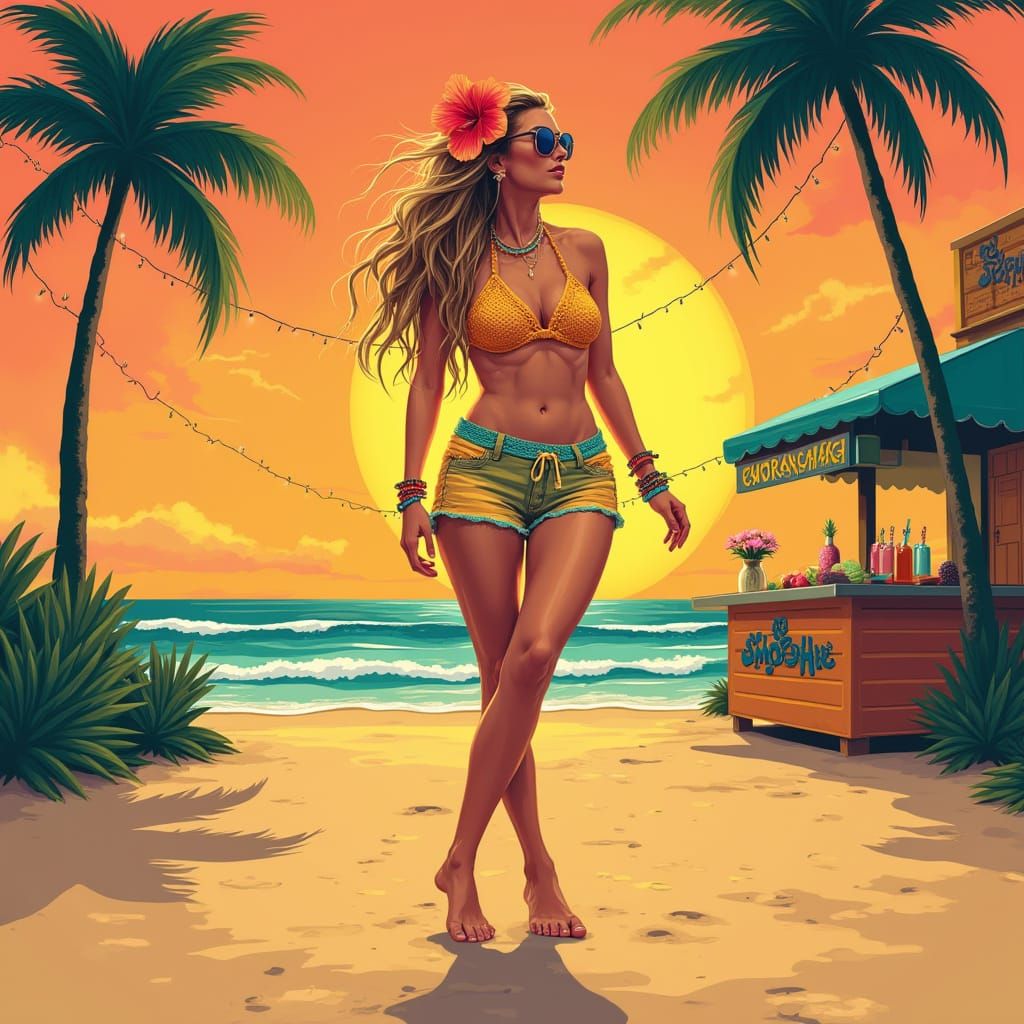 Beachy Boho Goddess Dancing on Sunset Boardwalk