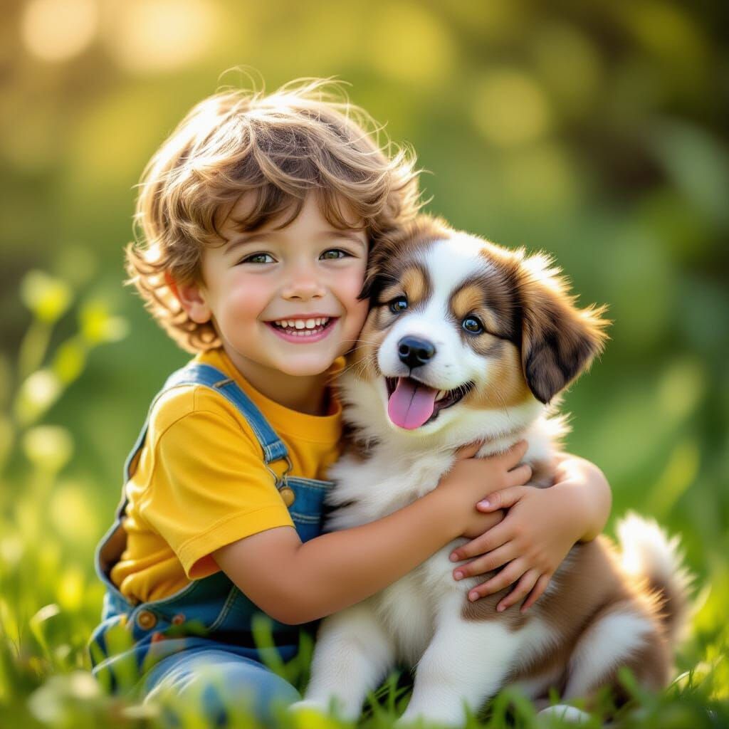 Boy and Puppy Share Joyful Embrace