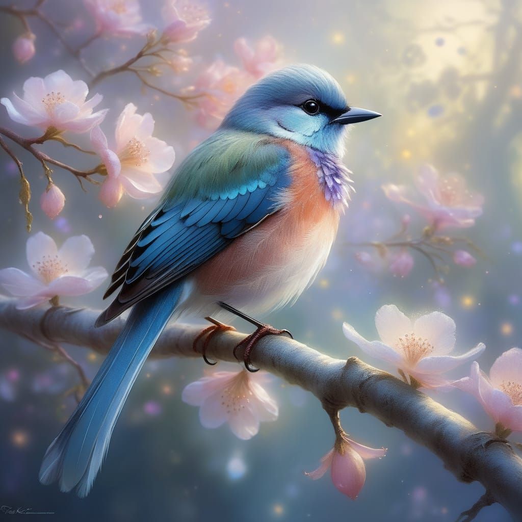 Floral Bird with Jewel Feathers in Ethereal Style