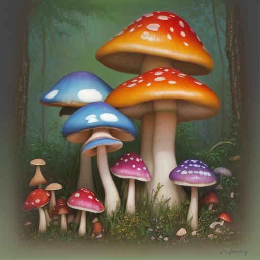 Colorful Mushrooms in a Fantastical Oil Painting