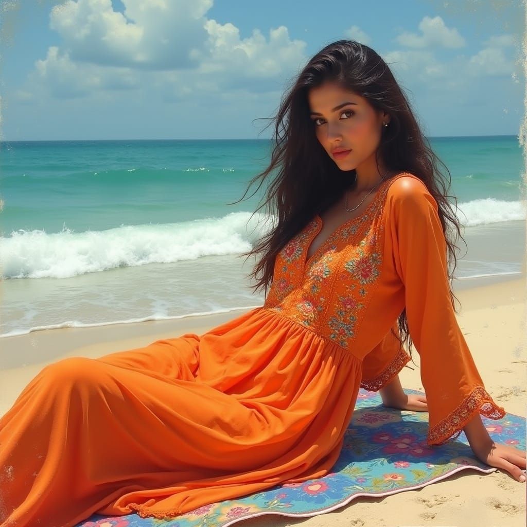 Pakistani Woman in Shalwar Kameez on Beach