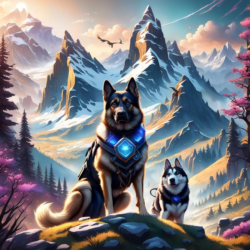 Fantasy Landscape with Giant Dogs and Girl