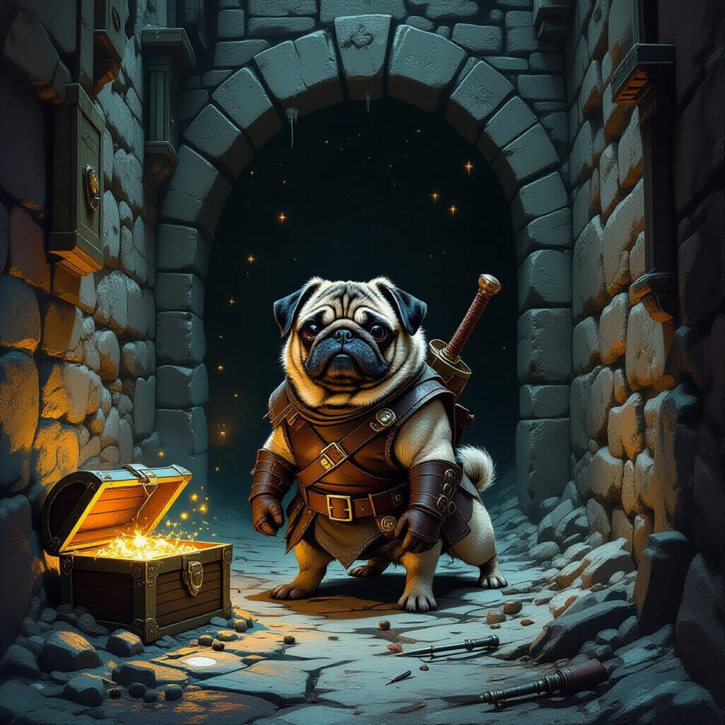 Pug Adventurer at Dark Alley Entrance to Hidden Tavern