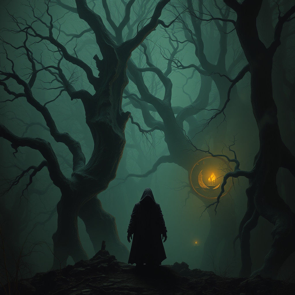 Eerie Hooded Figure in Mystical Forest, Surrealist Style