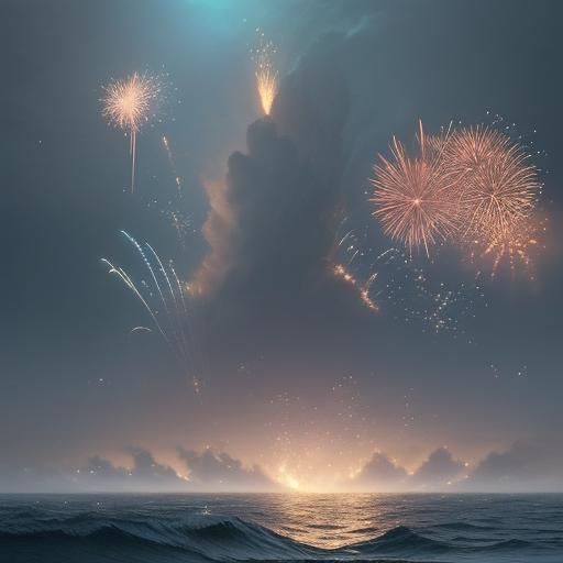 Sparkling Cat with Tulips, Ocean, and Fireworks