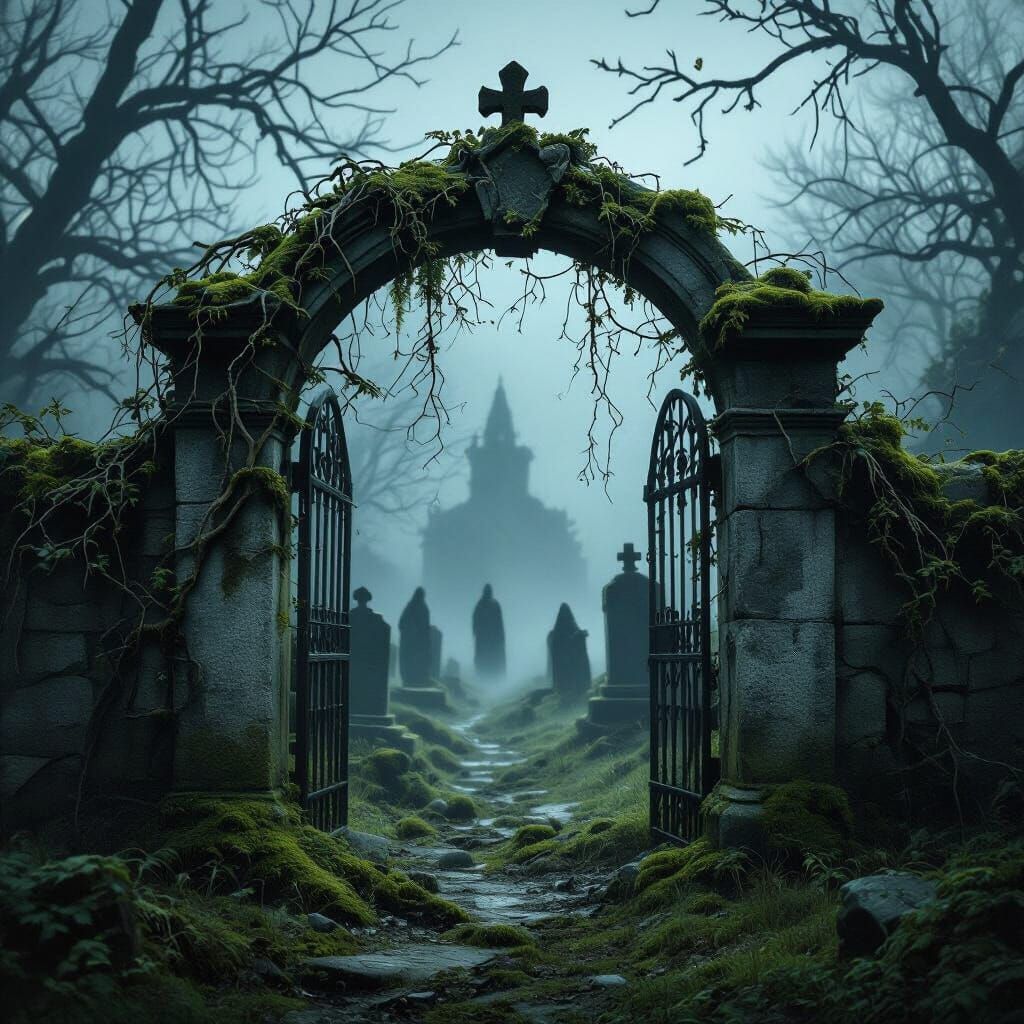 Eerie Cemetery Gate with Spectral Vines and Misty Landscape