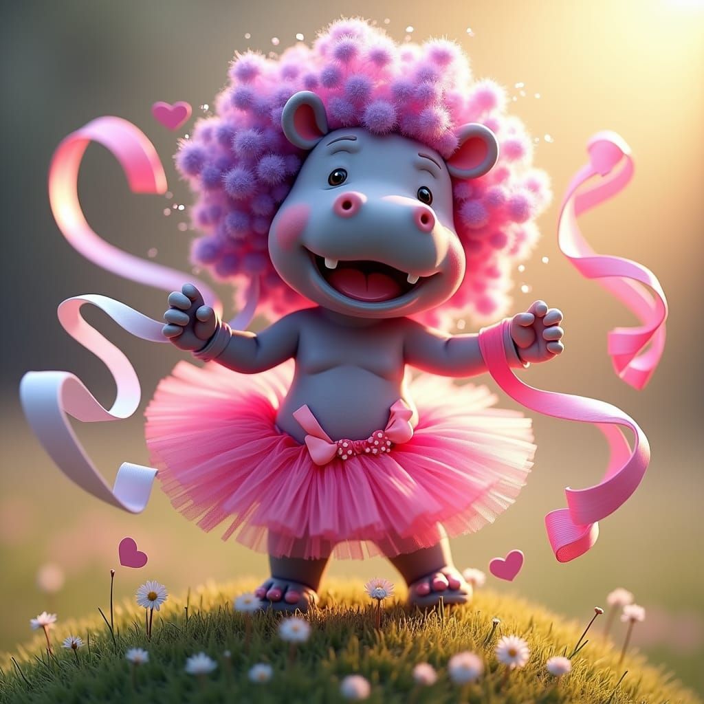 Whimsical Hippo Girl Dancing with Ribbons
