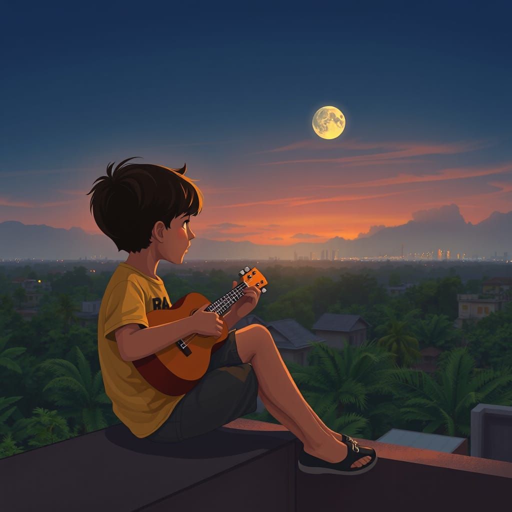 Retro Lo-fi Painting: Boy with Ukulele in Bangalore