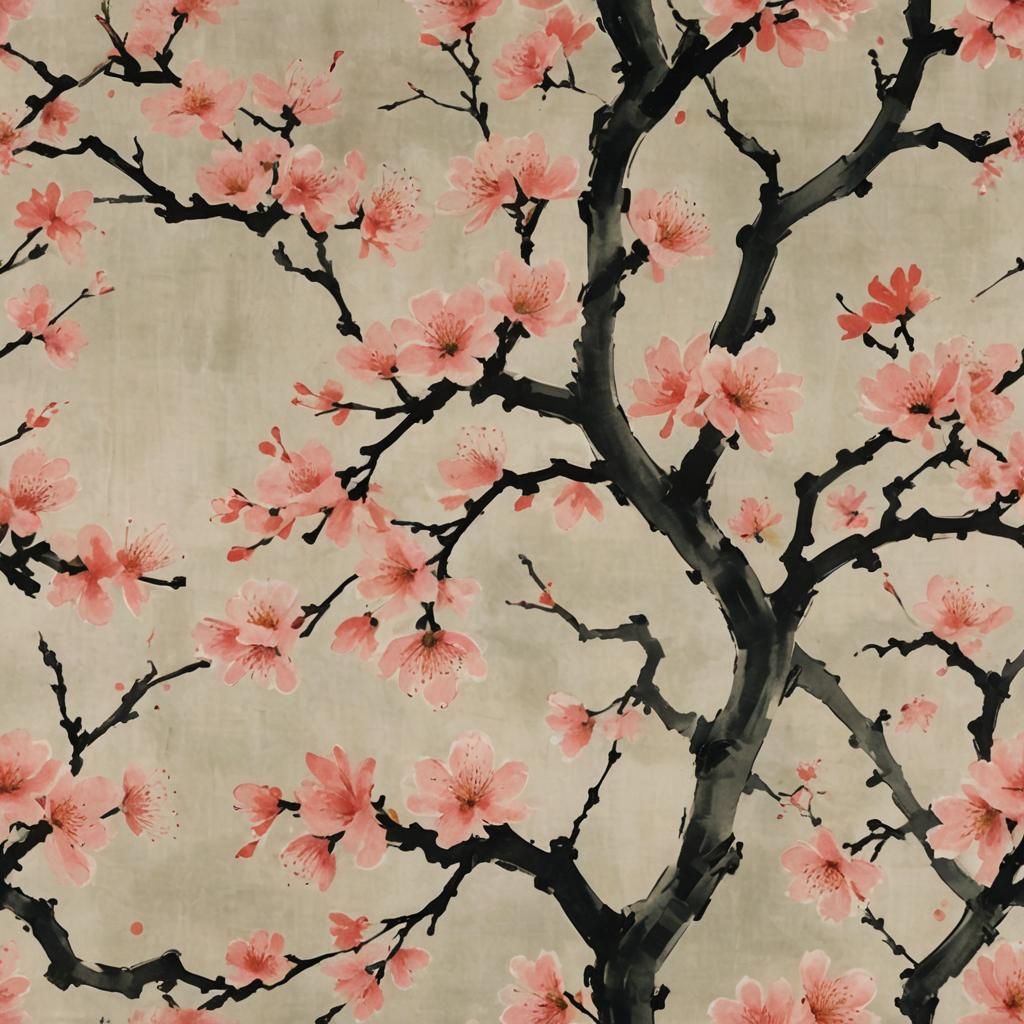 Sakura Tree in Sumi-e Style with Calligraphy