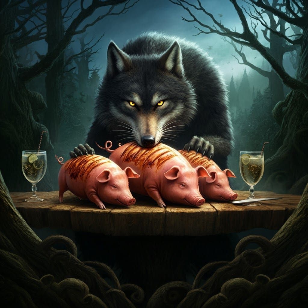 Big Bad Wolf's Feast: A Detailed Book Illustration