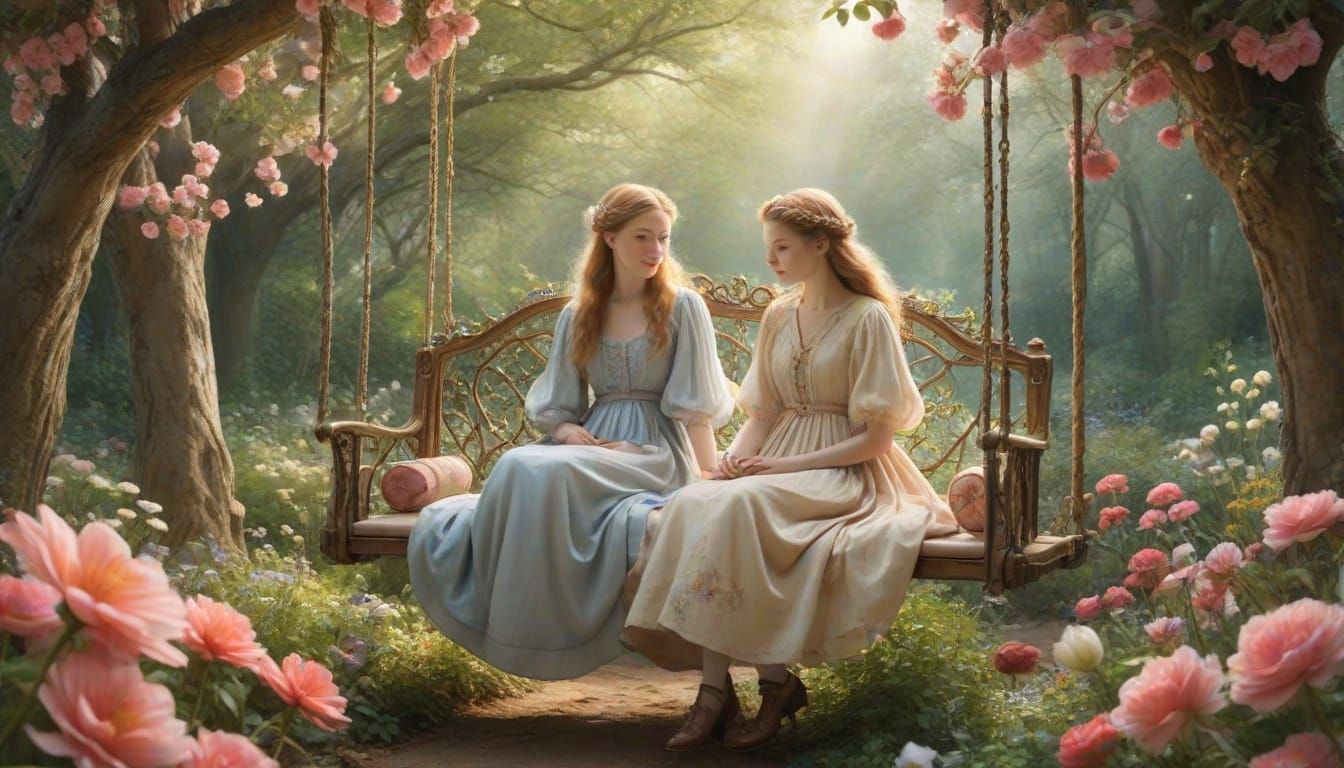 Whimsical Watercolor Dreamscapes of Two Ladies in a Secret G...