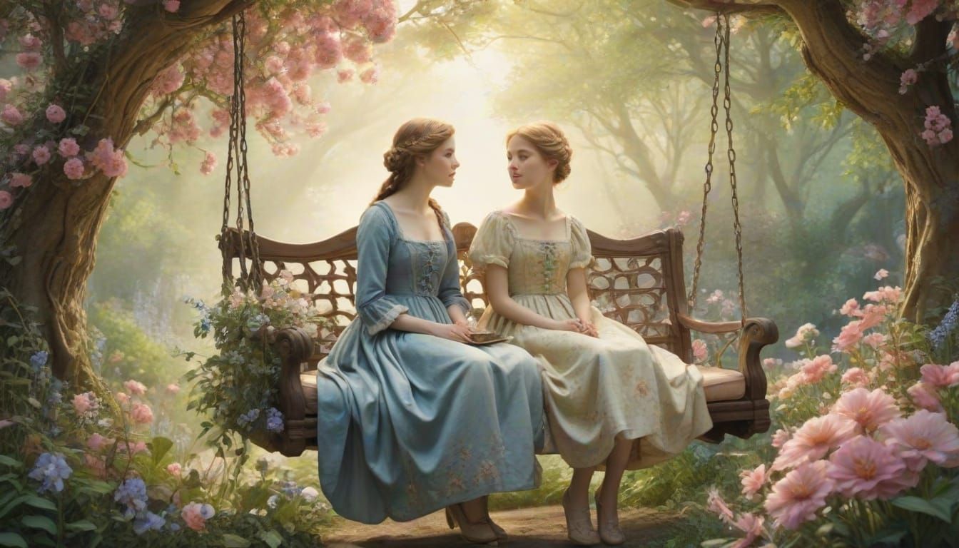 Whimsical Watercolor Scene of Two Ladies in a Secret Garden