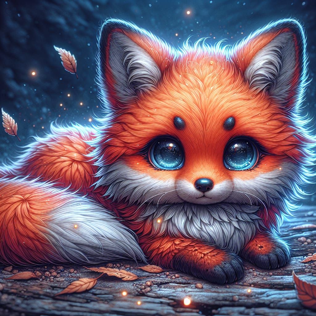 Chibi Fox with Fireflies in Night Landscape