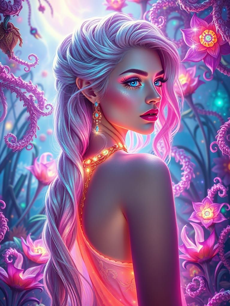 Androgynous Figure in Surreal Garden with Fractalized Plants...