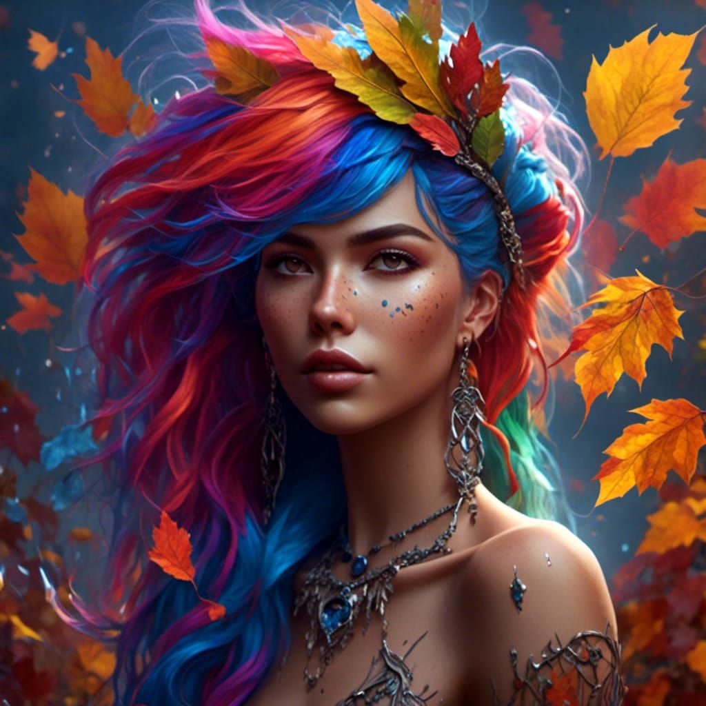 Rainbow Haired Woman with Autumn Background