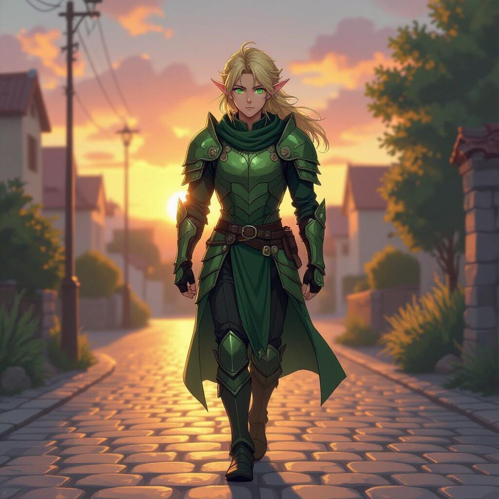 Anime Elf Warrior in Sunset Light