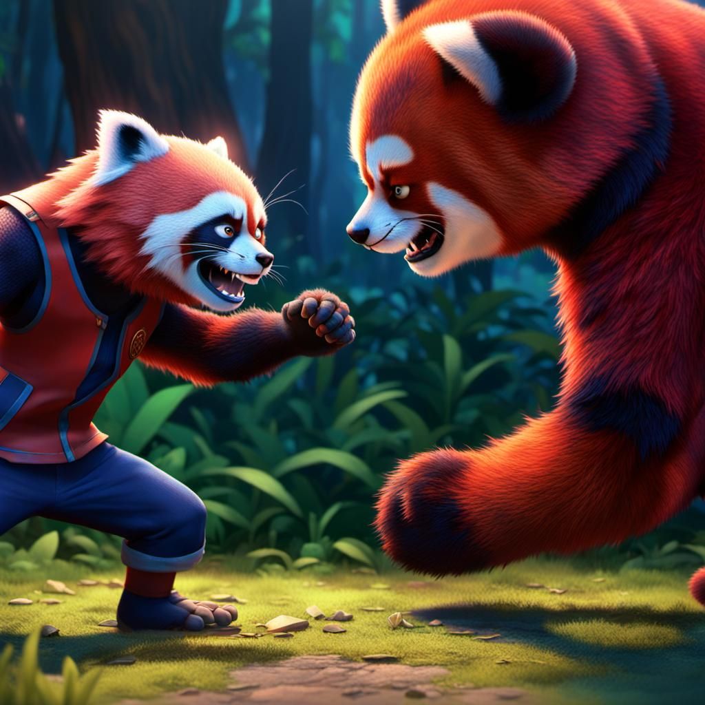 Demon and Red Panda Fight: Pixar-Style CG Art