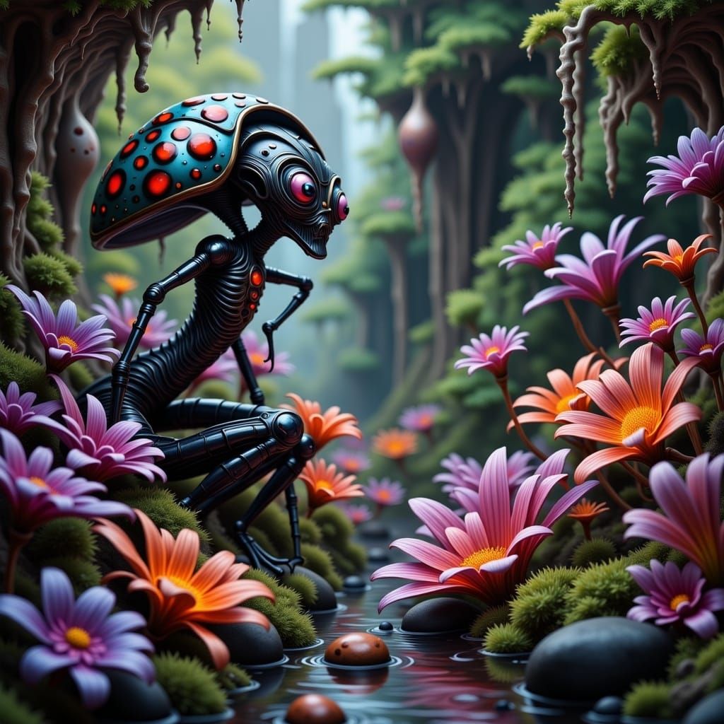 Ladybug Alien in Vibrant, Iridescent Garden