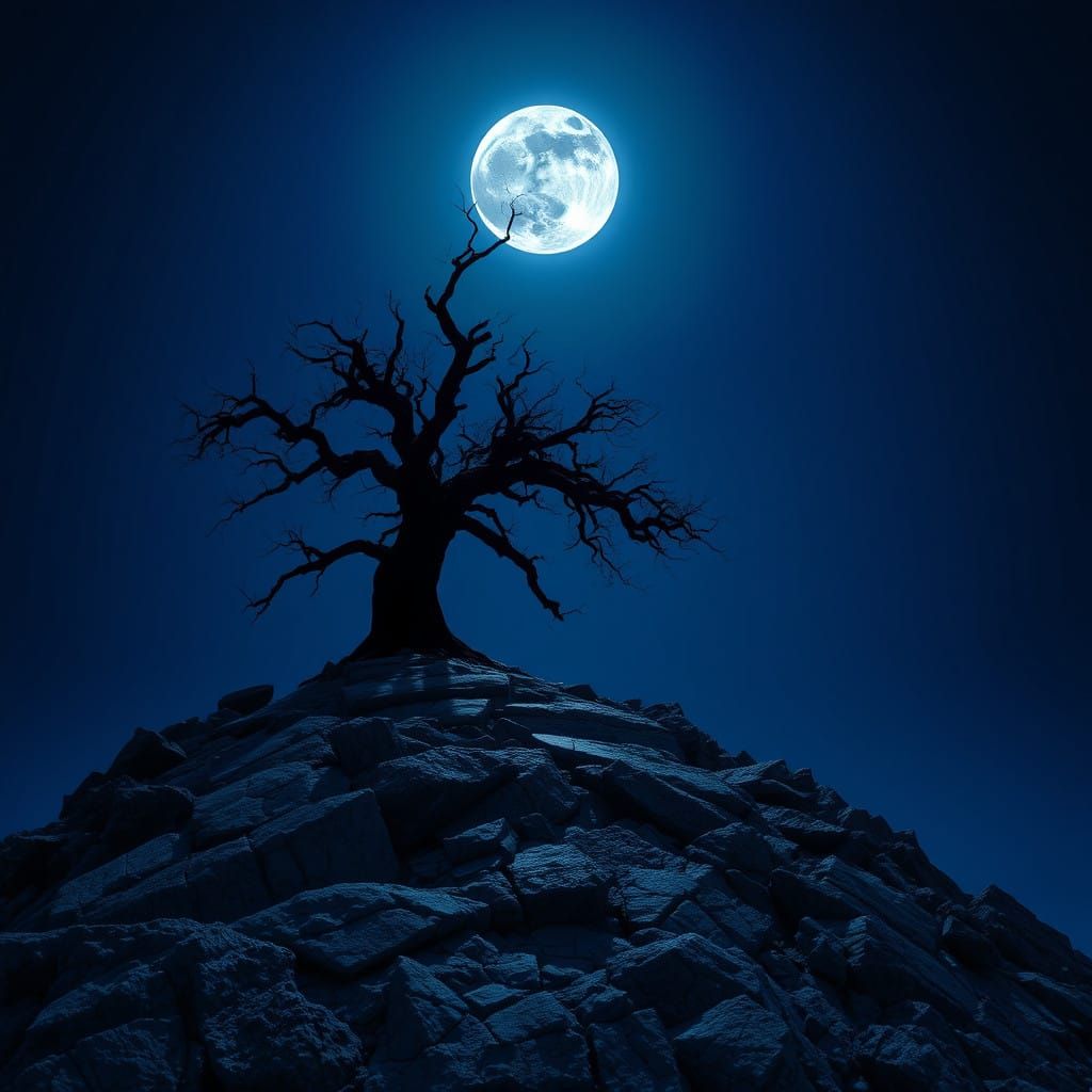 Majestic Tree Silhouetted Against a Vibrant, Moonlit Sky