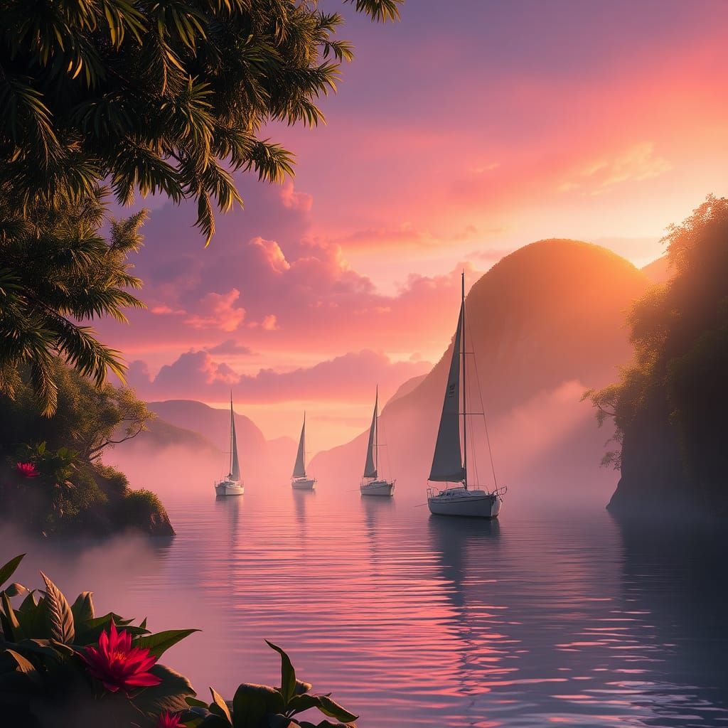 Mystical Sunset Bay with Sailboats: Fantasy Art