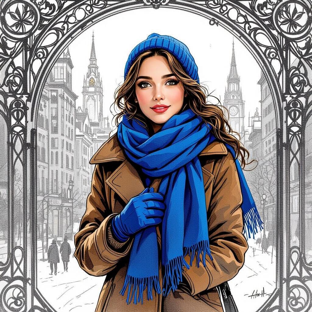 Woman in Cityscape Sketch Inspired by Art Nouveau