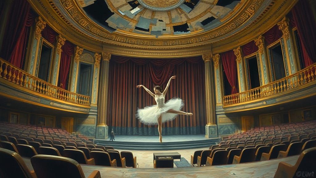 Ghostly Ballerina in Abandoned Theater: Chalk Pastel