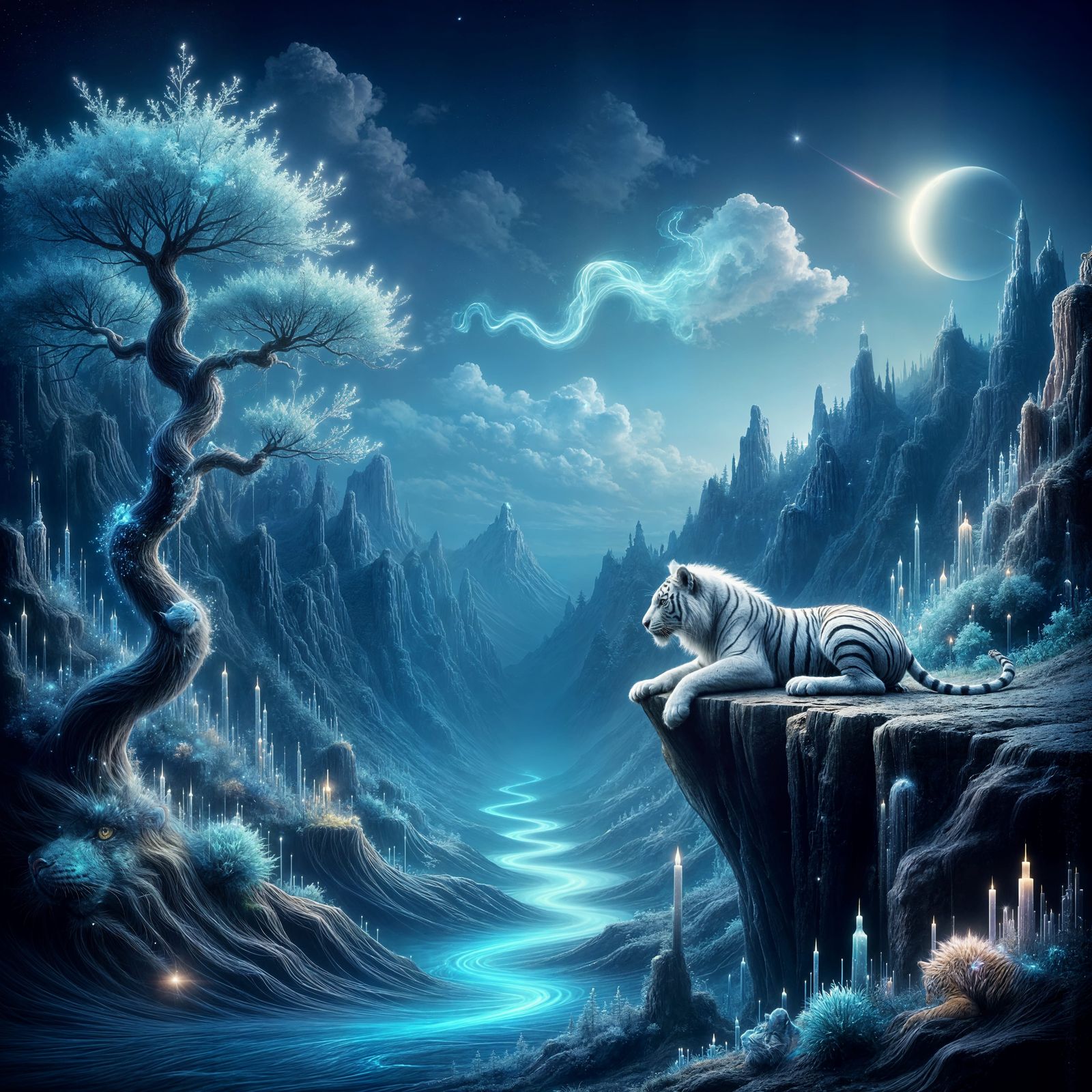 Majestic White Tiger on Cliff Edge in Ethereal Night Landsca...